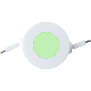A circular white charging cable with green accents, featuring two connected ends for devices.