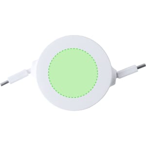 A round white charging cable with a green circular section in the centre, featuring two connector ends.