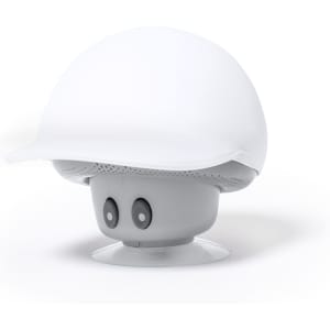 A white speaker resembling a helmet, featuring buttons on its base. It has a smooth, modern design.
