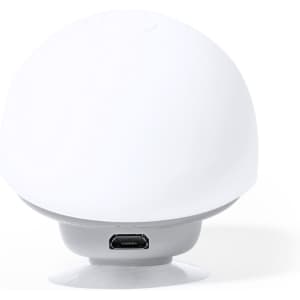 A white spherical speaker with a smooth surface and a USB port on the base. It features a subtle logo.