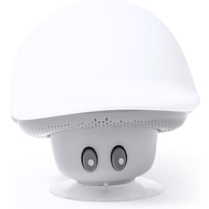 A white speaker with a rounded top and eyes, featuring buttons on the front for control.