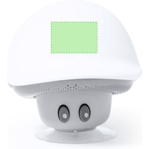 A white speaker with a rounded shape, featuring a smooth surface and two circular buttons on the front.