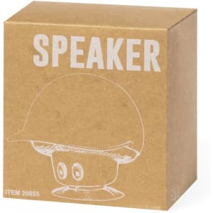 A brown cardboard box containing a speaker, featuring a simplistic design and a logo on the front.