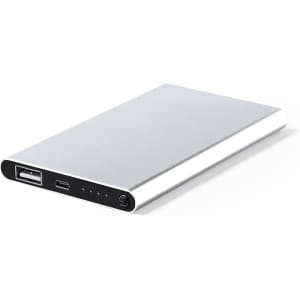 A silver power bank with USB and USB-C ports, featuring indicator lights on one side.