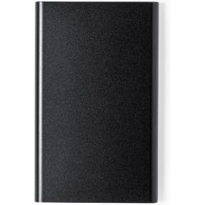 A sleek black power bank with a textured finish and a logo. Ideal for charging devices on the go.