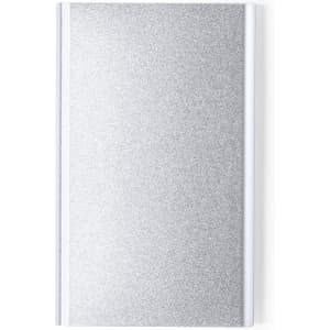 A silver power bank with a glossy finish and a slight sparkle, featuring a logo on the surface.