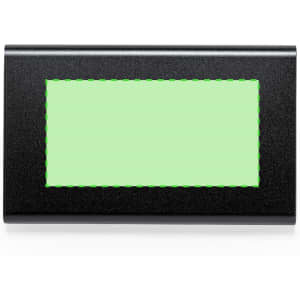 A black power bank with a green charging indicator panel and a logo on the surface.