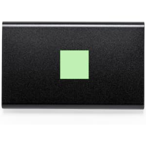 A black power bank with a green square design in the centre. It features a logo on the surface.