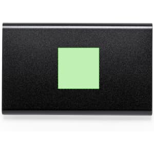 A power bank in black with a green square design. It features a logo and has a textured surface.