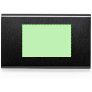 A black power bank featuring a rectangular display area and a branding logo.