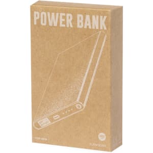 A power bank packaged in a plain brown box, featuring a simple illustration and a logo.