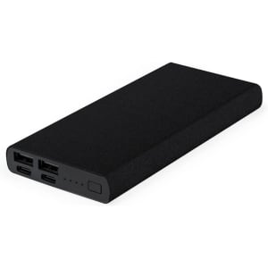 A black power bank with multiple USB ports and a textured surface, featuring a logo on one side.