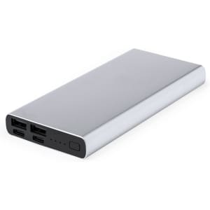 A silver power bank with multiple USB ports and a sleek, rectangular design. It has a logo on the side.
