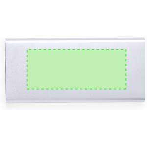A silver power bank with a rectangular green section for branding or customisation. It has a logo on the surface.
