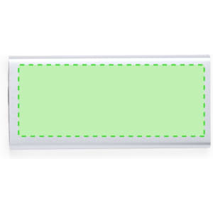 A power bank in silver with a green rectangular area, featuring a logo on the side.
