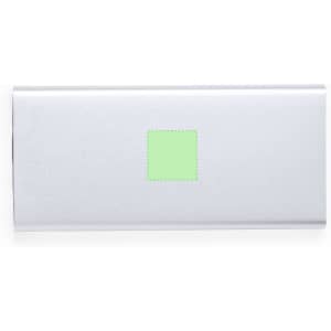 A silver power bank with a smooth surface and a square area for a logo or branding.