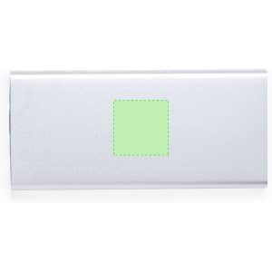 A silver power bank with a smooth finish, featuring a square area for branding.
