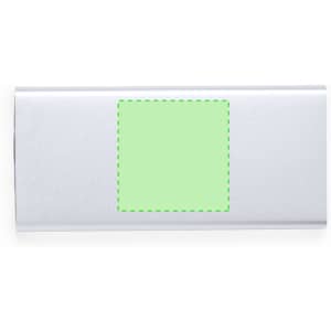 A silver power bank with a blank green square area suitable for custom branding.