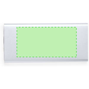 A silver power bank with a rectangular area for branding, featuring a smooth surface and a sleek design.