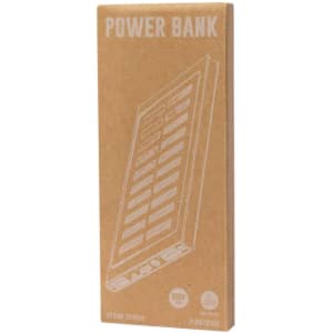A power bank in a brown cardboard box, featuring a simple design and a logo.