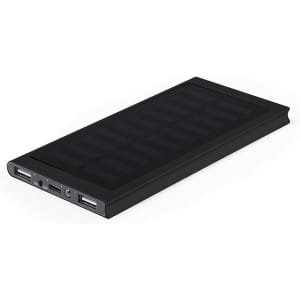 A black power bank with multiple USB ports and a textured surface. It features a logo on the side.