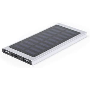 A rectangular silver power bank featuring a solar panel on top and multiple ports on one side.