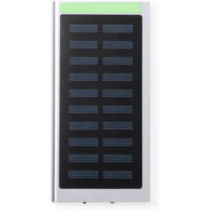 A silver power bank features a patterned black surface with solar panels, including a logo.
