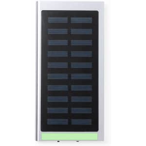A silver power bank featuring a black solar panel design and a logo on the surface.