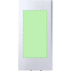 A silver power bank with a blank area, featuring a logo, designed for charging devices on the go.