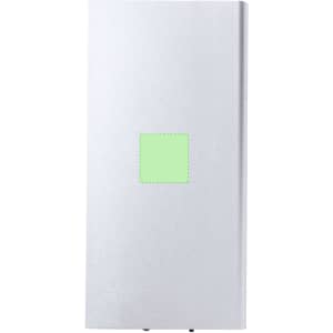 A silver power bank with a rectangular shape, featuring a logo on the front.
