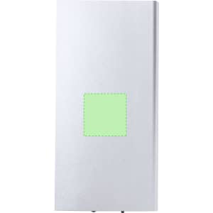 A silver power bank with a rectangular design and a blank green area, featuring a branding logo.