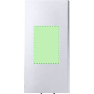 A silver power bank with a rectangular green area and a logo on the front, designed for charging devices.