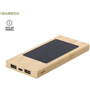 A bamboo power bank featuring a solar panel, with multiple USB ports for charging devices.