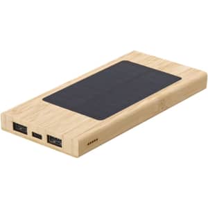 A power bank in a bamboo casing with a solar panel, featuring multiple USB ports. It has a logo on the surface.