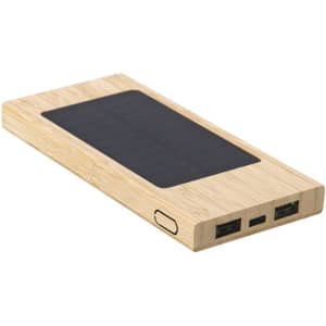 A wooden power bank with a solar panel, featuring two USB ports and a side button.