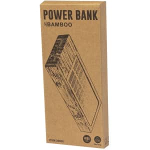 A bamboo-patterned power bank in a brown cardboard box, featuring a logo and solar panel design.