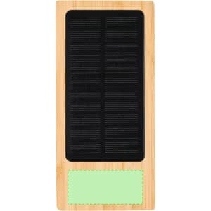 A power bank with a bamboo exterior and black solar panel, featuring a blank area for customisation.