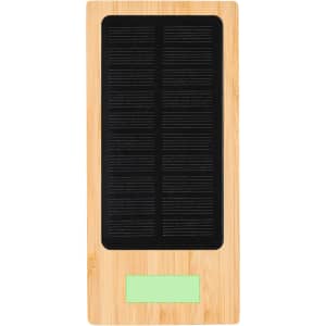 A rectangular power bank in wood and black, featuring a textured surface and a small blank area for branding.