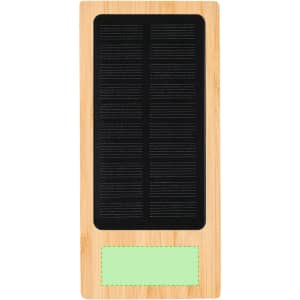 A bamboo power bank featuring a black solar panel and a green accent. It includes a branded logo.