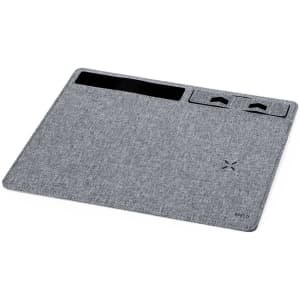 A grey wireless charger mousepad featuring two device slots and a textured surface, including a logo.