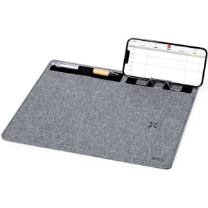A grey charger mousepad features slots for a phone, pen, and organisational compartments. It has a logo.
