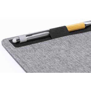 A grey mousepad featuring a pen holder with a yellow and silver pen attached. It has a branding logo.