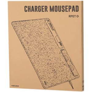 A rectangular brown packaging featuring a design of a charger mousepad, with a visible logo and several ports.
