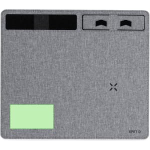 A grey mousepad with a textured surface, featuring sections for wireless charging and branding elements.