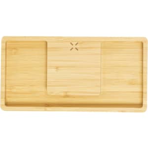 A bamboo organiser charger with multiple compartments and a smooth surface. It features a logo on one side.