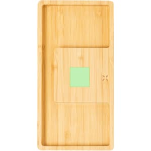 A bamboo charging organiser with two compartments and a green square in the centre, featuring a simple design and logo.