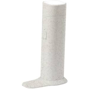 A white lamp resembling a bottle with a narrow base and a light on top. It features a logo on the side.