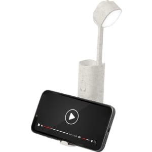 A white lamp holder with an attached light, designed to support a phone in landscape orientation.