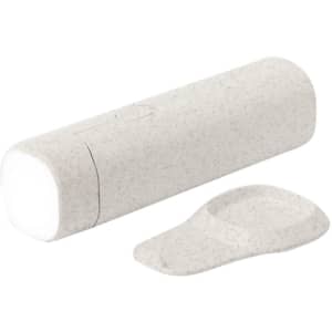 A cylindrical lamp in a light beige colour with a detachable base for stability. It features a power button.