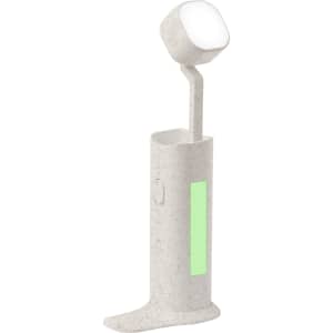 A sleek grey lamp holder with a white light and a green accent. Features a base for stability and a logo.